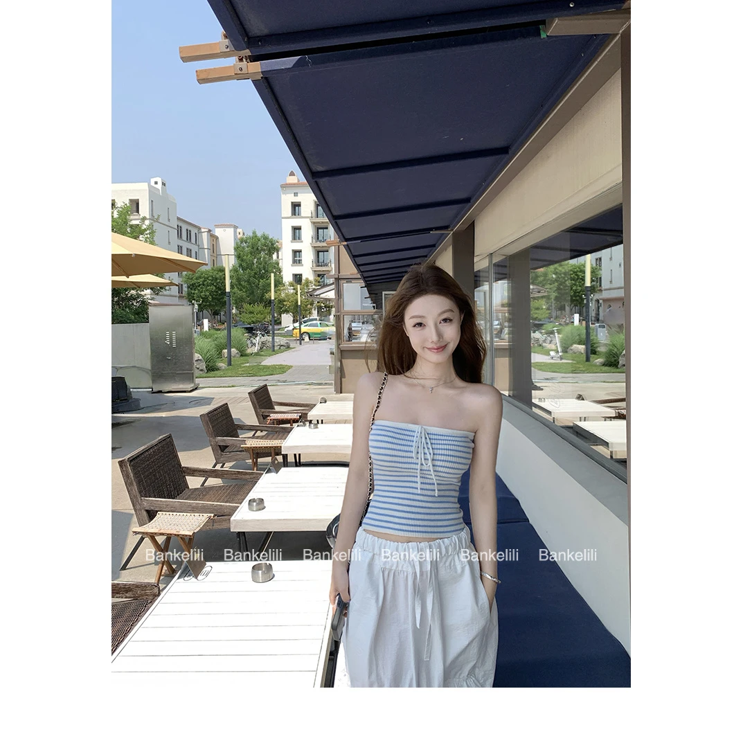 纯欲风条纹蝴蝶结绑带抹胸背心女夏小个子甜辣妹修身短款露肩上衣