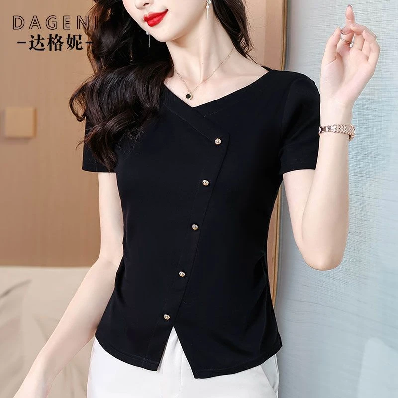 纯色V领正肩短袖t恤女2025夏季新款不规则设计修身显瘦打底上衣女