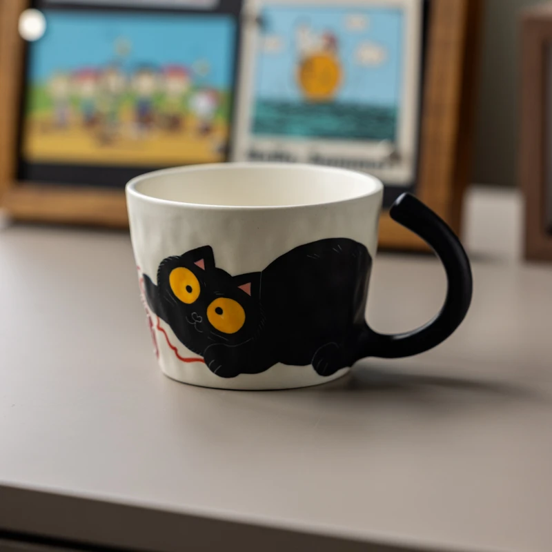 @H0252陶瓷手绘黑色大尾巴猫猫杯