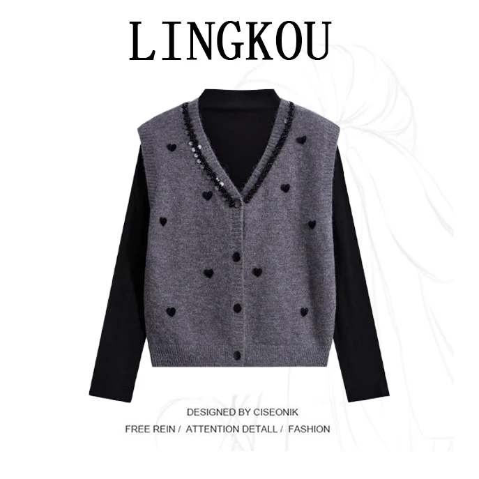 2025春春季时尚V领针织马甲开衫半高领T恤韩系甜美气质叠穿套装女