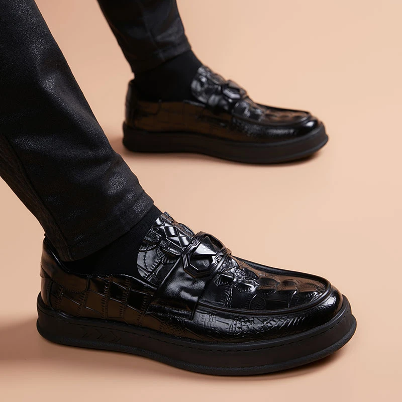 男士皮鞋商务一脚蹬鳄鱼纹真皮百搭透气高端增高套脚黑色皮鞋男款