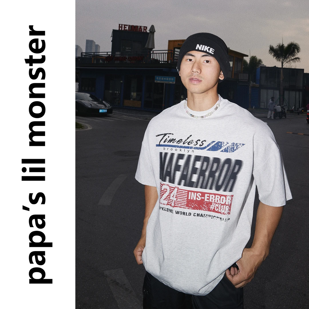 PAPASLILMONSTER美式复古水洗街头字母印花圆领休闲T恤上衣男