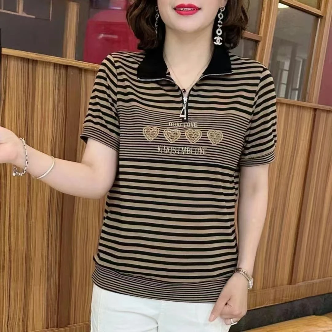 2025夏季女士条纹时尚拉链立领宽松气质洋气减龄遮肉显瘦短袖小衫