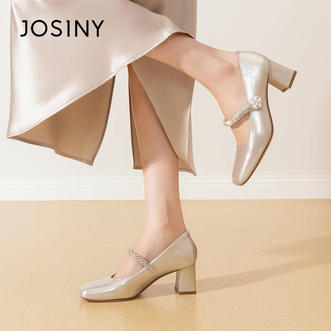 卓诗尼法式玛丽珍鞋女2025秋新款珍珠水钻配裙子粗跟方头浅口单鞋