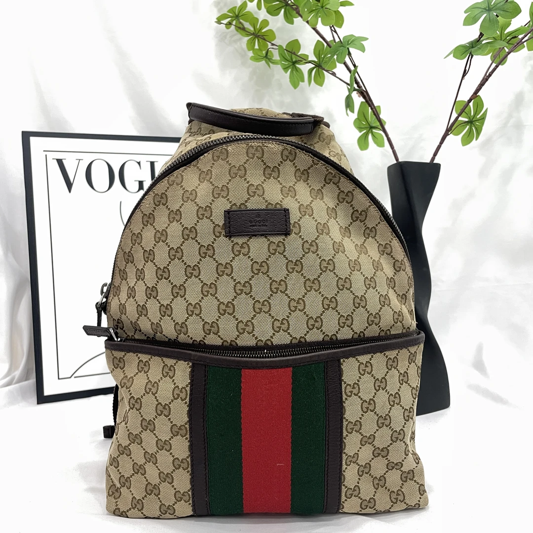 95新 GUCCI/古驰 红绿织带双肩包/15220