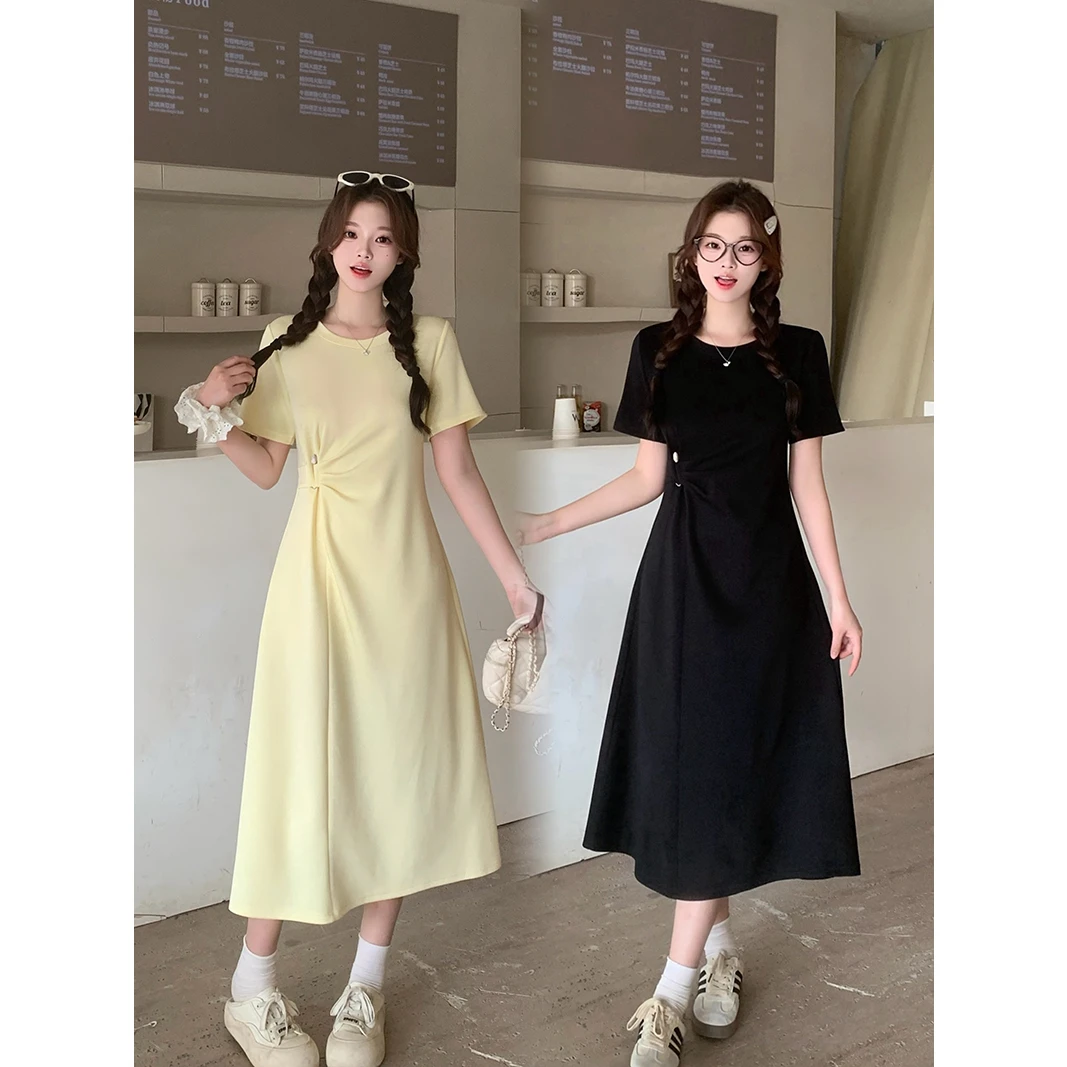 2025夏装新款胖mm大码女法式气质圆领收腰褶皱显瘦短袖连衣裙