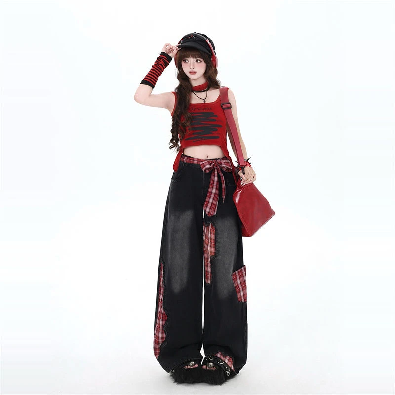 大码胖mm蝴蝶结绑带拼接直筒牛仔裤女春季美式小个子高腰阔腿长裤