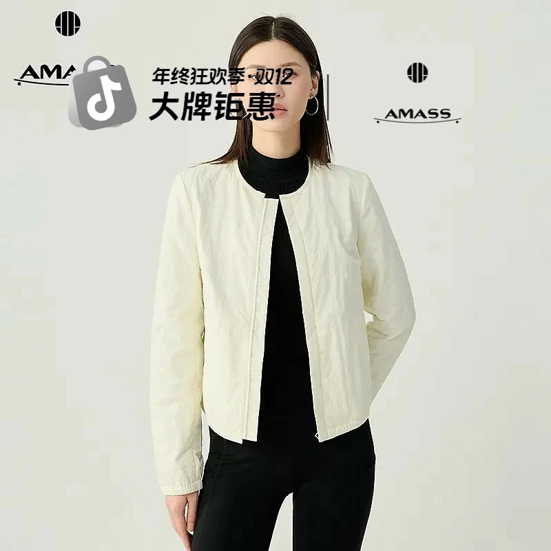 阿玛施540048新款简约休闲百搭圆领单排扣横条绗缝棉服外套540048