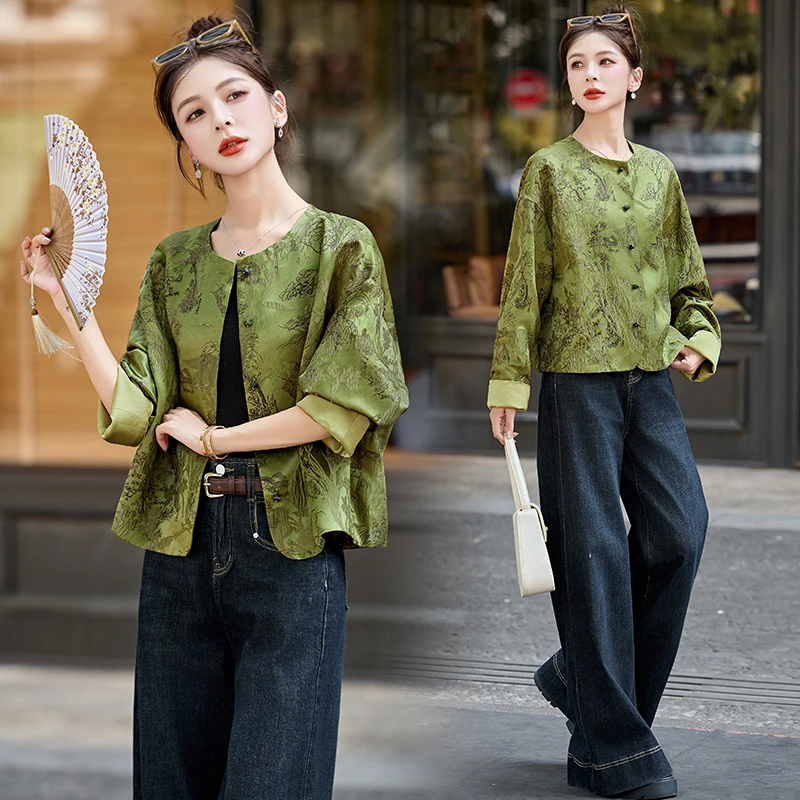 新中式圆领外套女2025秋季新品时尚洋气复古百搭提花国风长袖上衣