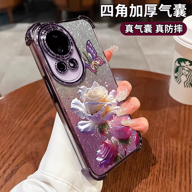 玫瑰蝴蝶适用华为nova14手机壳电镀透明闪粉奢华网红女款创意高档
