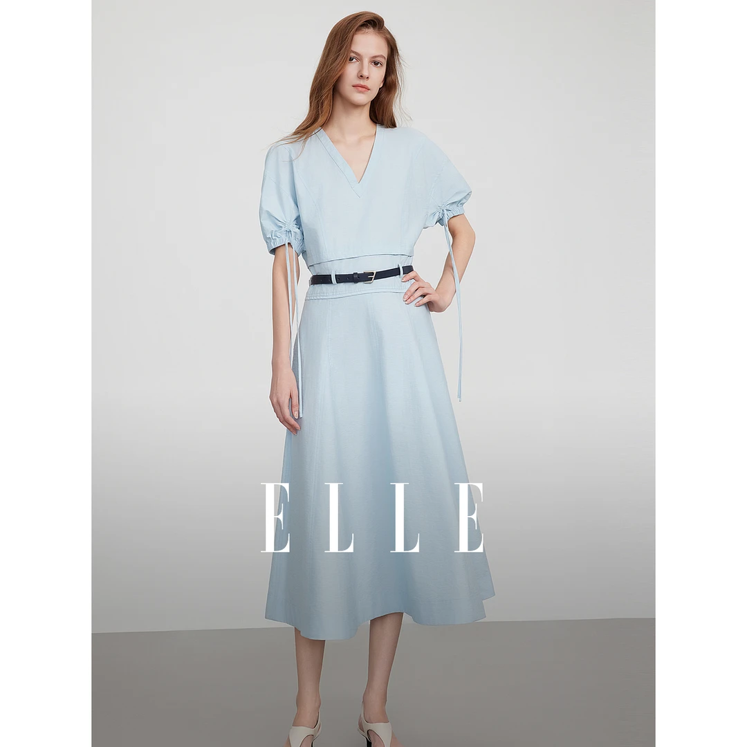 ELLE法式绑带v领衬衫连衣裙女2025夏季新款时髦优雅EL52535