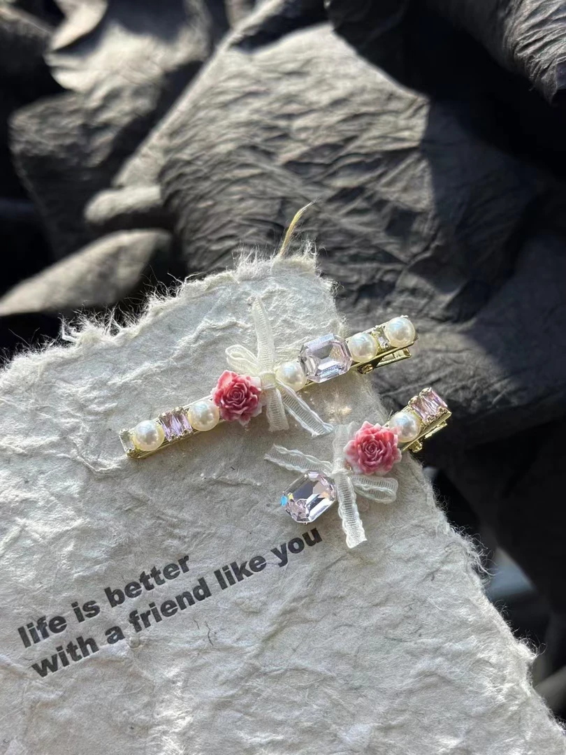 玫瑰诗集一对装粉色锆石米色蕾丝温柔风设计感甜美风侧边鸭嘴夹