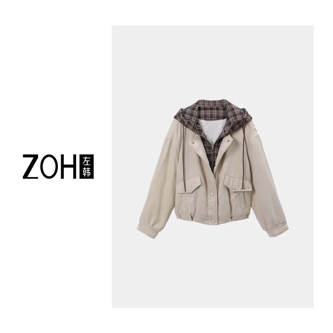 ZH399【左韩】秋冬加绒加厚气质短款连帽百搭棉服外套 WH550102C