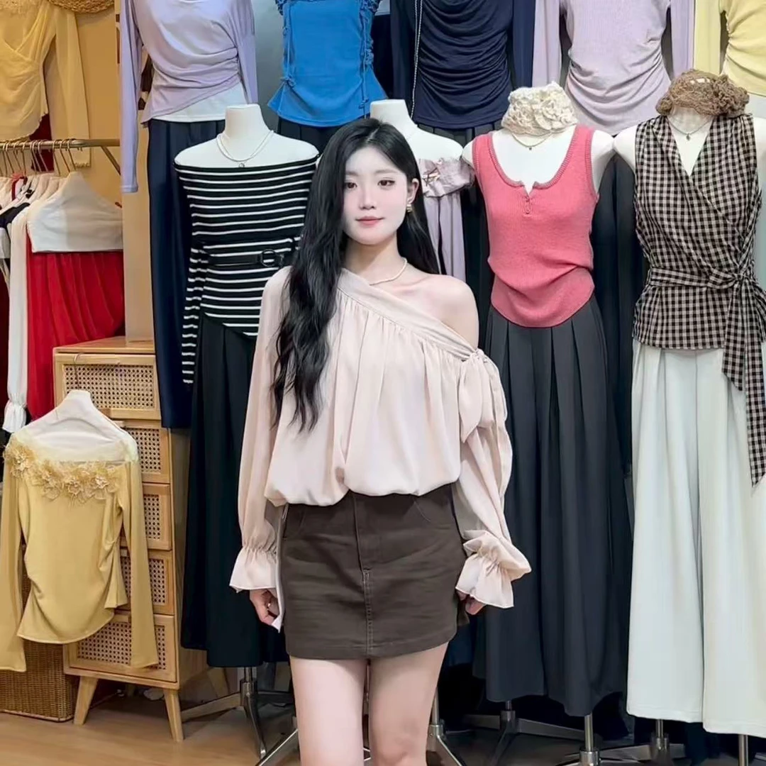 早秋新款洋气温柔千金感灵动飘逸斜肩绑带衬衫女