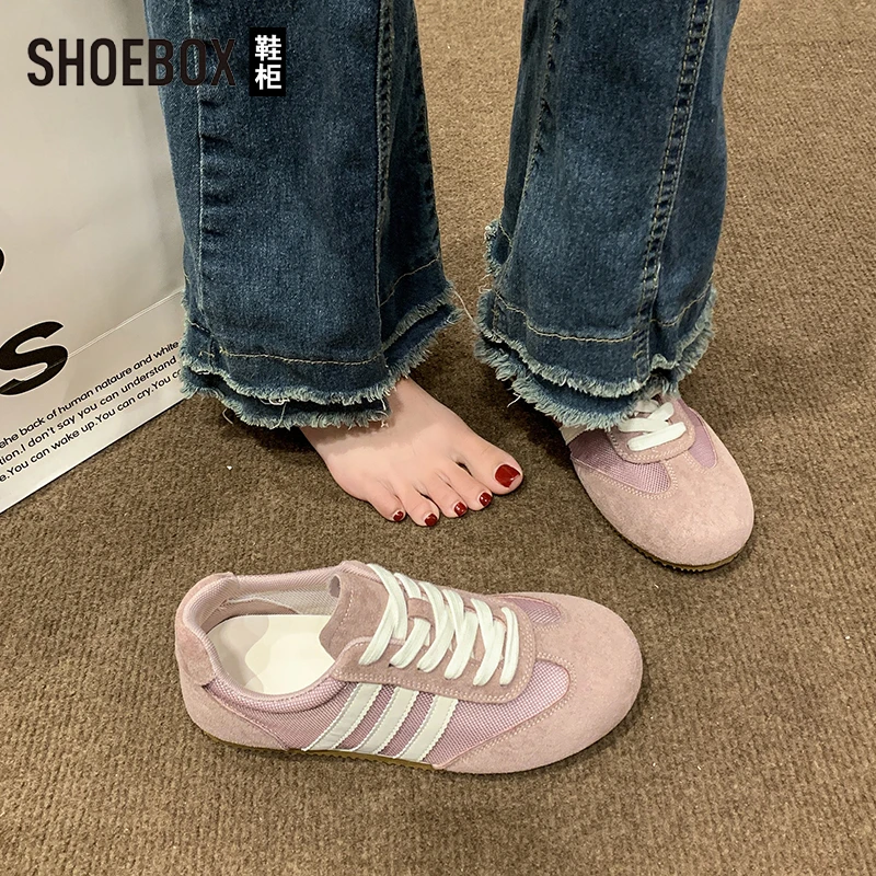 SHOEBOX鞋柜粉色德训鞋女2025新款夏季网面透气百搭运动休闲板鞋