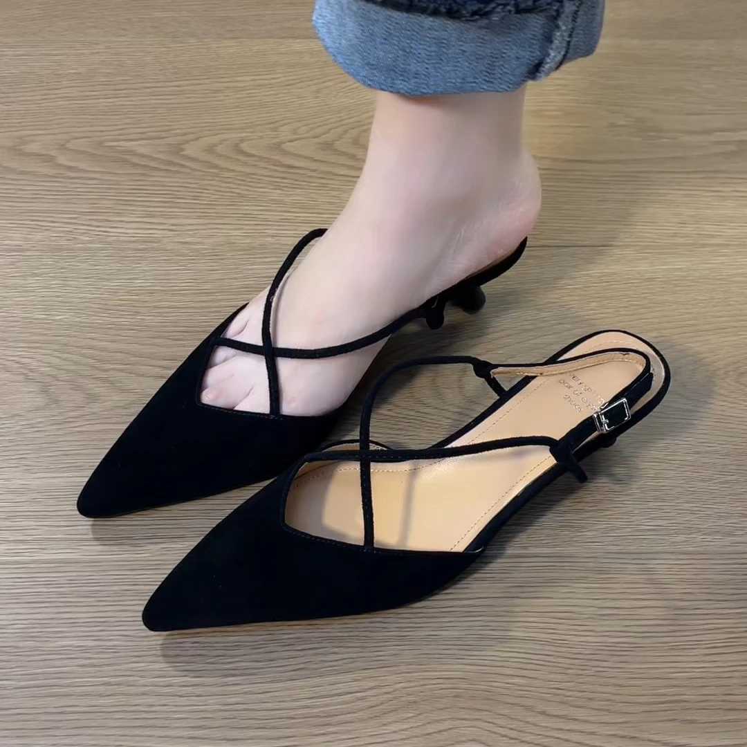 凉鞋2025年夏季小细跟新款包头凉鞋优雅舒适时尚气质尖头凉鞋女款