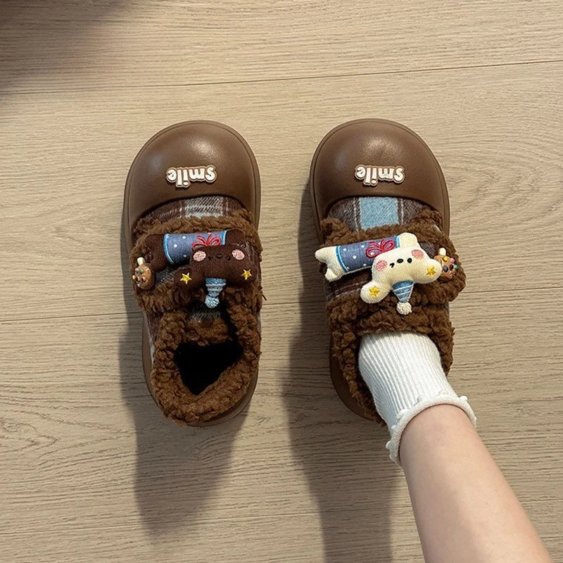 时尚休闲复古卡通小熊毛毛休闲棉鞋女2025冬季百搭圆头居家保暖鞋