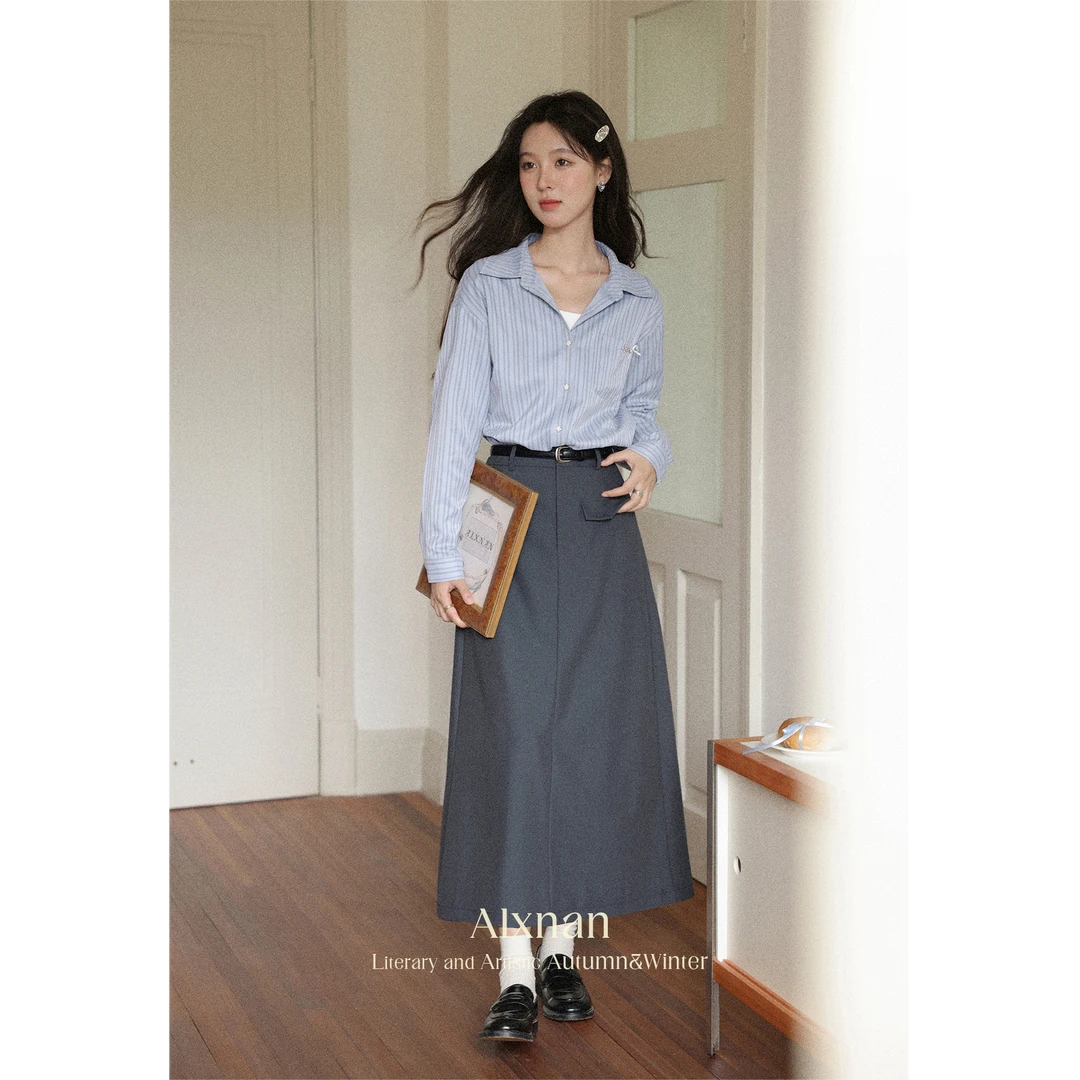 鹿向南「爱丽丝日记」polo领蓝色衬衫女初秋小众长袖条纹法式上衣