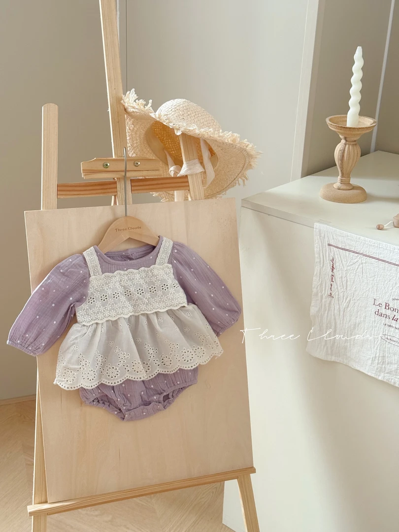 三小朵【芋泥啵啵】2485春款婴儿包屁衣女宝宝长袖蕾丝哈衣周岁哈衣