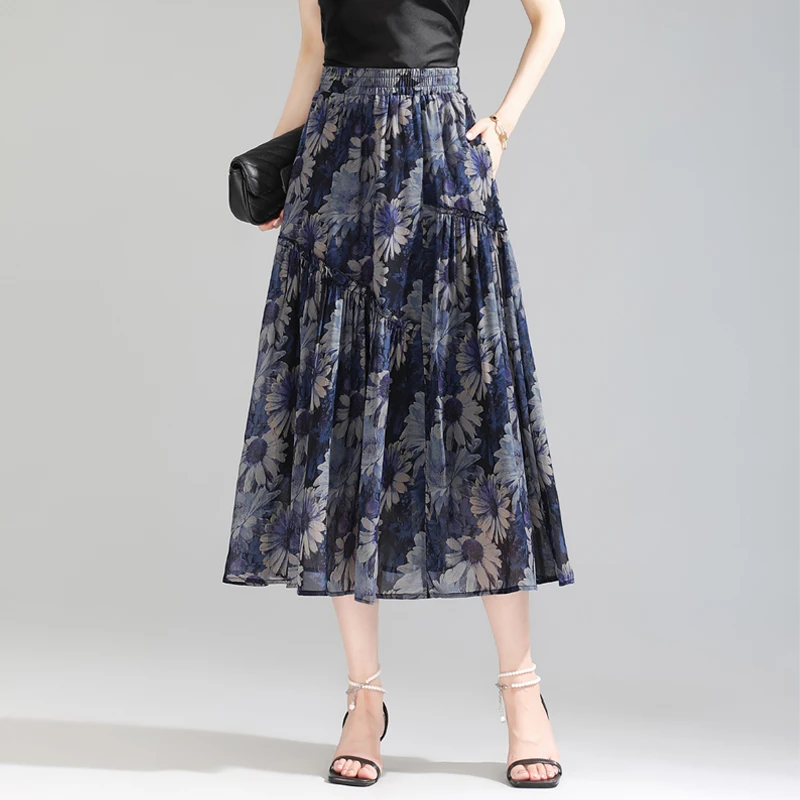复古印花雪纺裙子半身裙女2025春夏薄款松紧腰a字裙中长款休闲裙