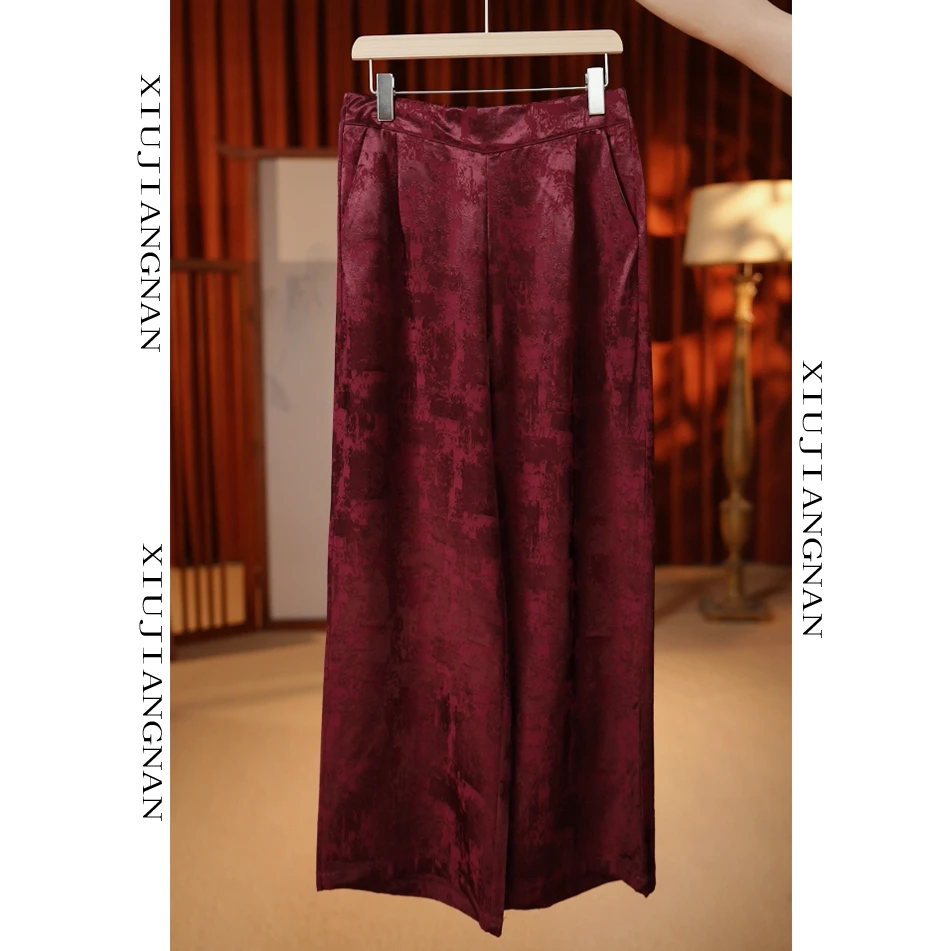 8883-新中式纯色提花缎直筒长松紧腰阔腿裤简约舒适透气休闲女款