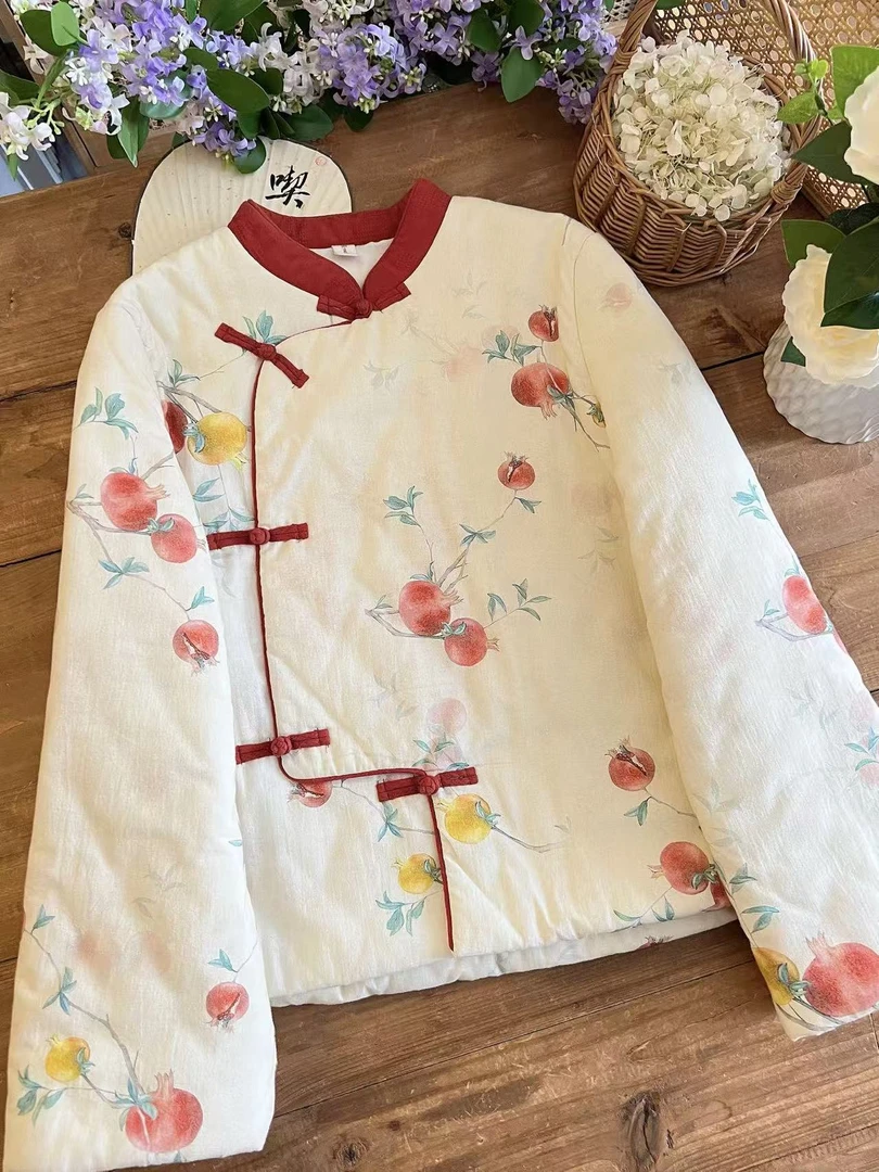 QYG4216长袖印花立领宽松型保暖棉服棉衣盘扣外套上衣国风