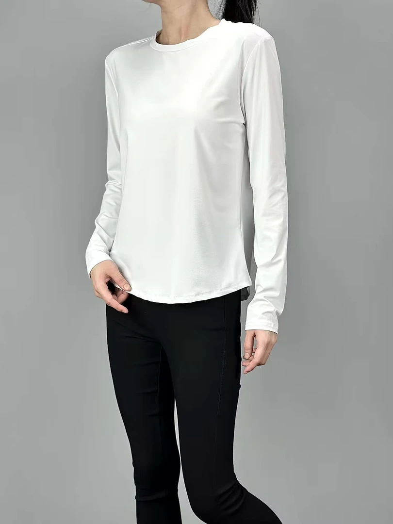 森圆领纯色长袖速干极简风T恤打底衫休闲女款健身