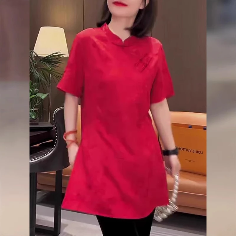 新中式国风红色短袖上衣女夏季2025年新款独特超好看高端唐装衬衫