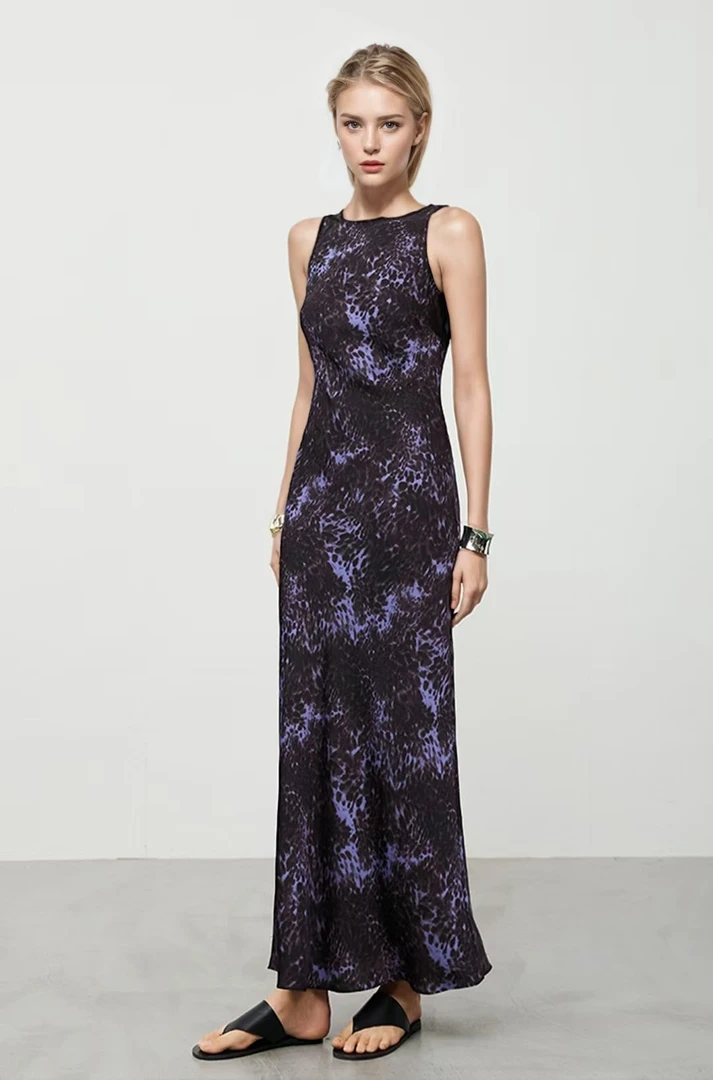 夏季无袖印花高腰修身显瘦法式气质紫色豹纹斜裁连衣裙