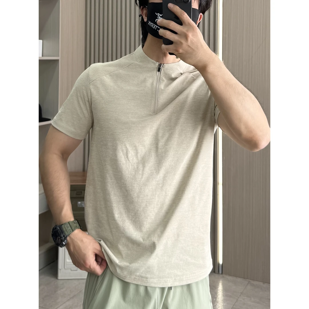 激光打孔！男士夏季速干透气半拉链户外机能弹力运动休闲短袖T恤