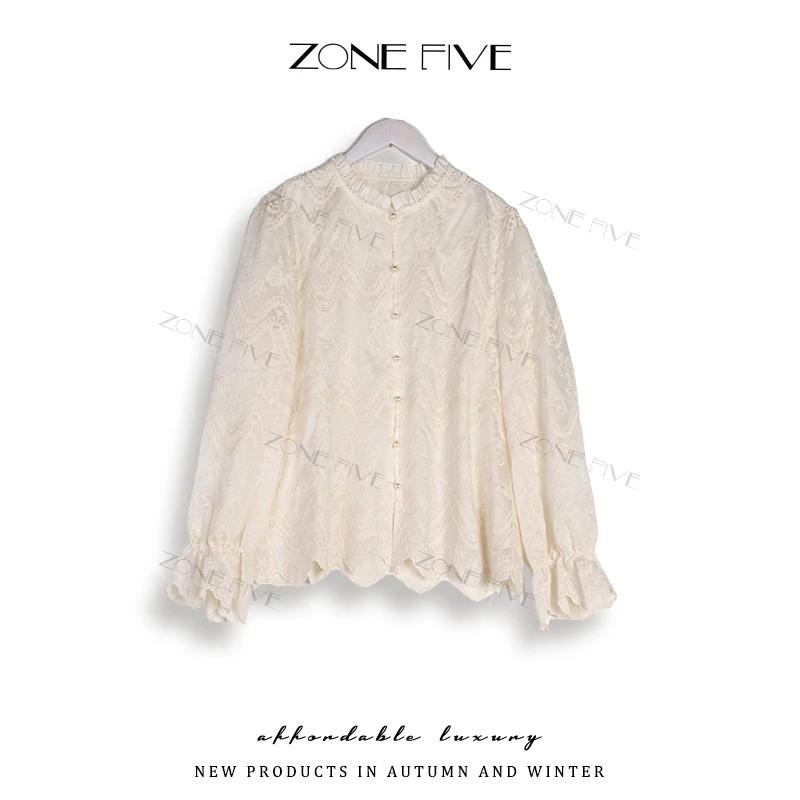 【zonefive】●85%莱赛尔天丝 立领木耳边刺绣珠珍珠扣泡泡袖蕾丝衫