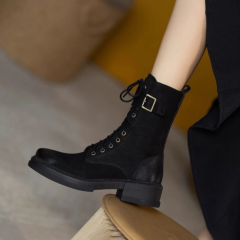 WANSSENY骑士靴2025新款厚底马丁靴女潮英伦风系带加绒机车靴短靴