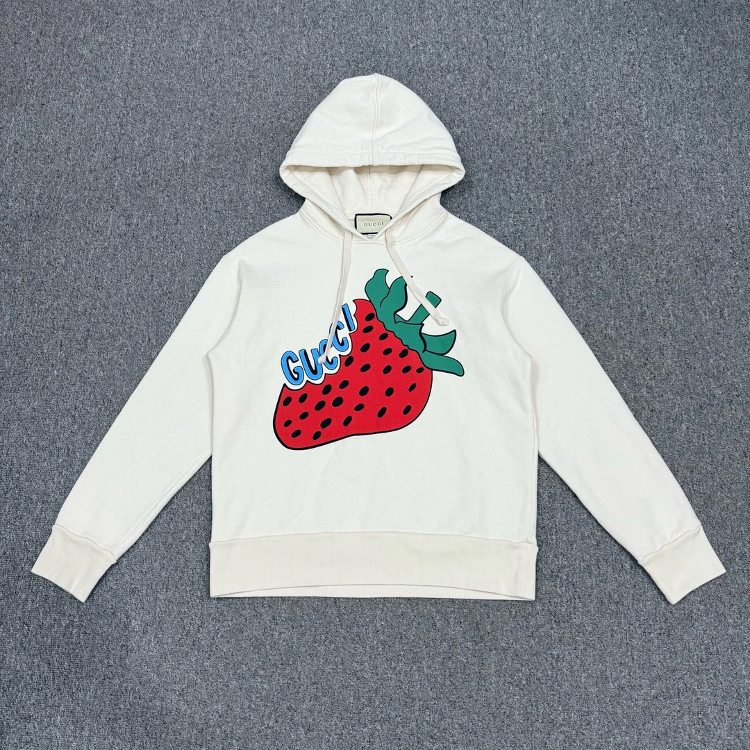 99新 GUCCI/古驰 16685918米色草莓印花连帽抽绳长袖卫衣 S码99新