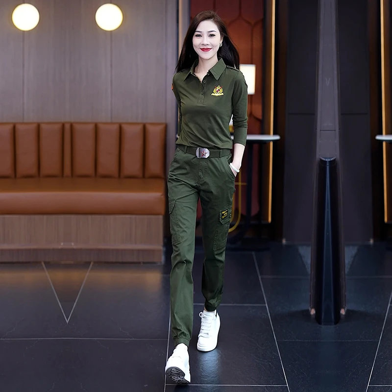 迷彩服工装束脚裤套装长袖减龄户外运动休闲春夏季女潮大码两件套