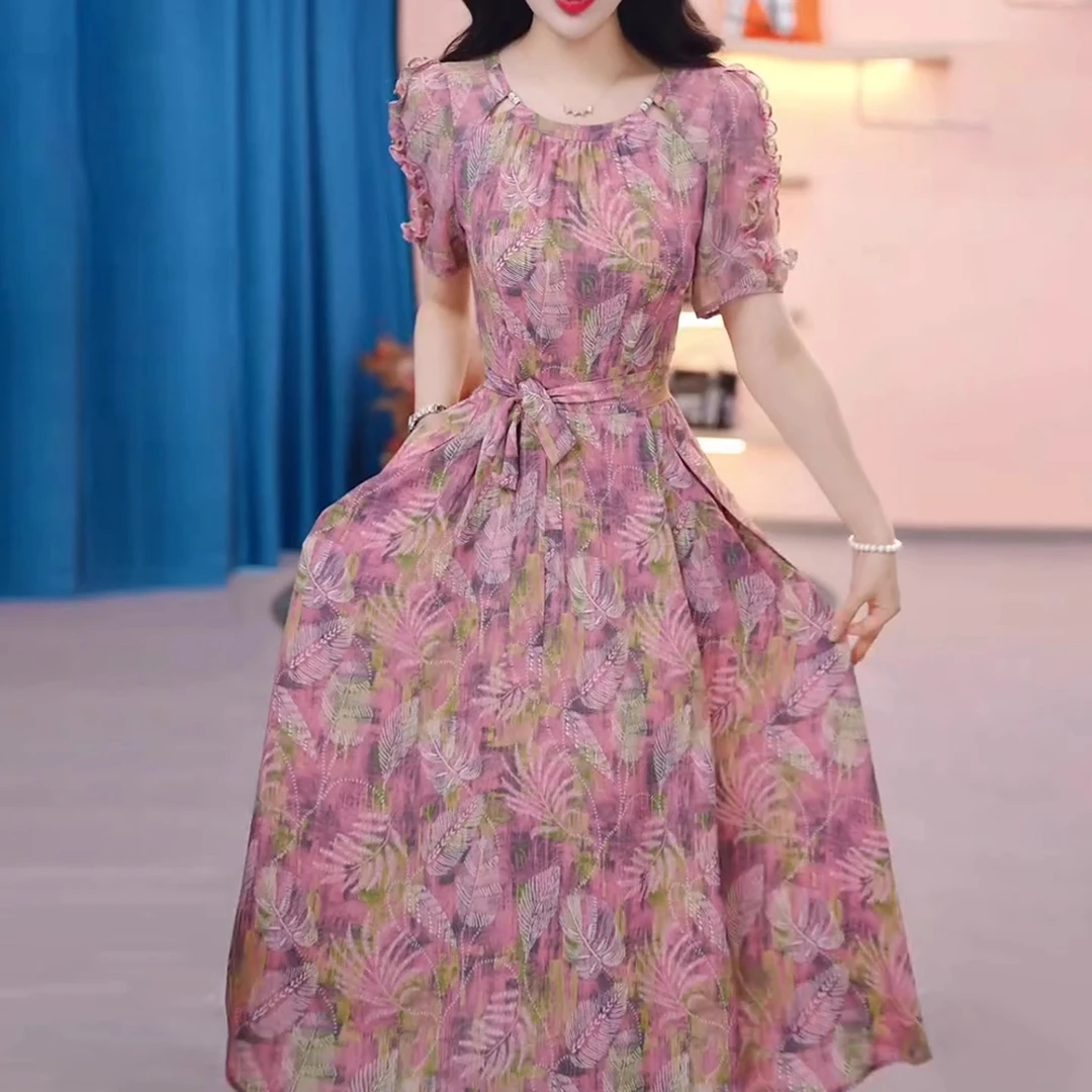 云禧时尚气质花色复古百搭连衣裙2025夏季新款修身显瘦中长款裙子