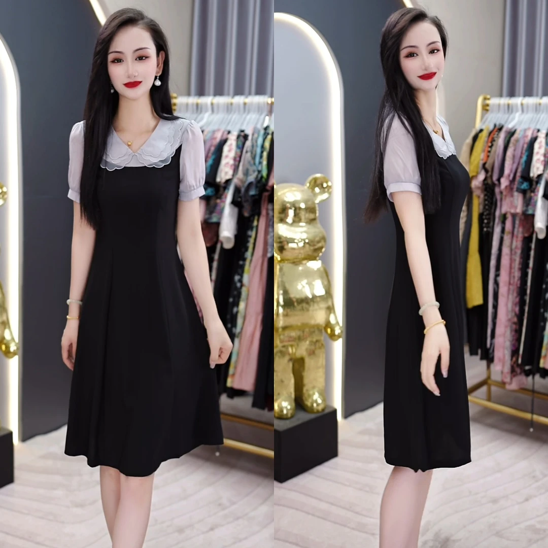 2025夏季时尚高级百搭优雅拼接连衣裙短袖