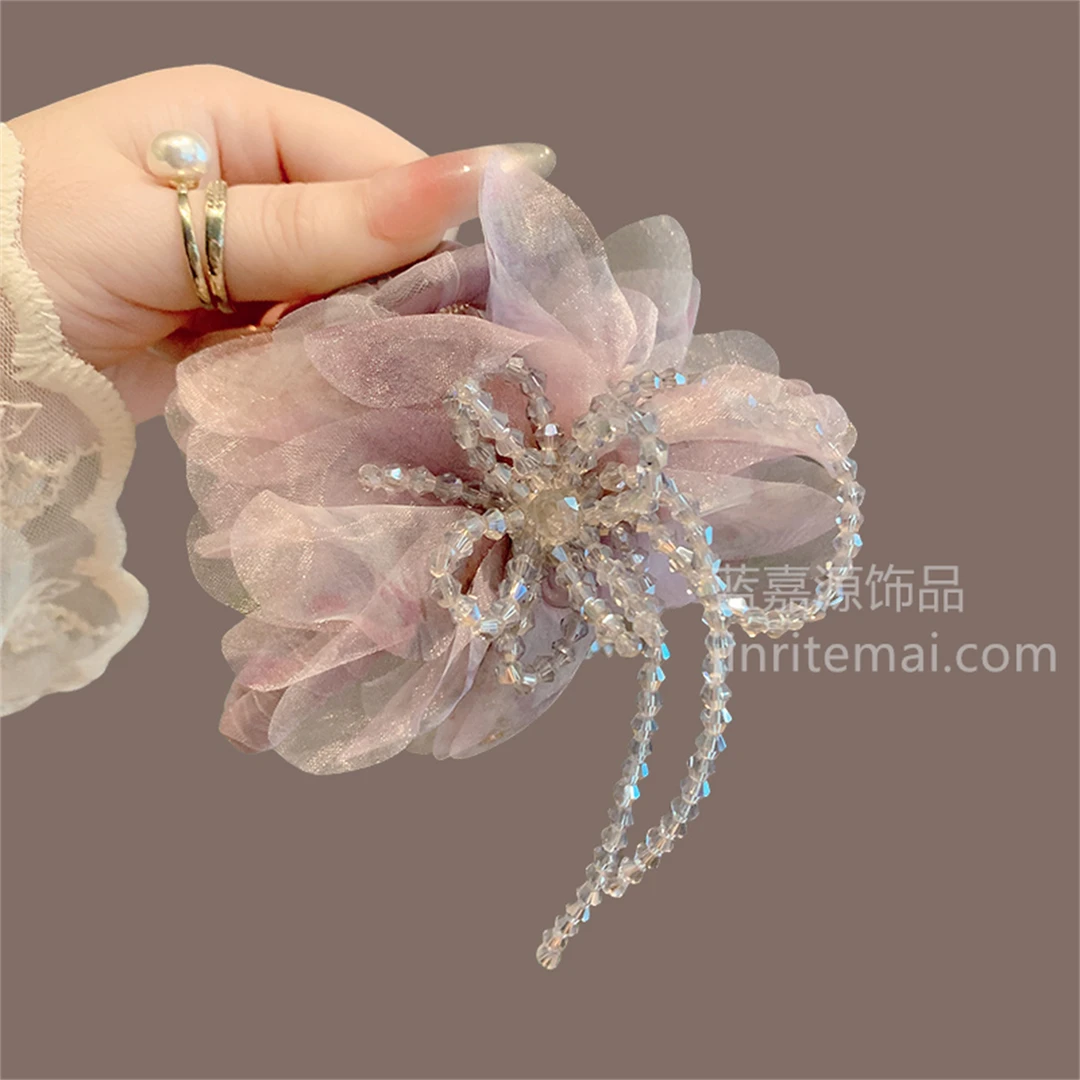 韩系绢纱花朵抓夹女精致重工水晶蝴蝶结盘发发夹时尚高级感鲨鱼夹