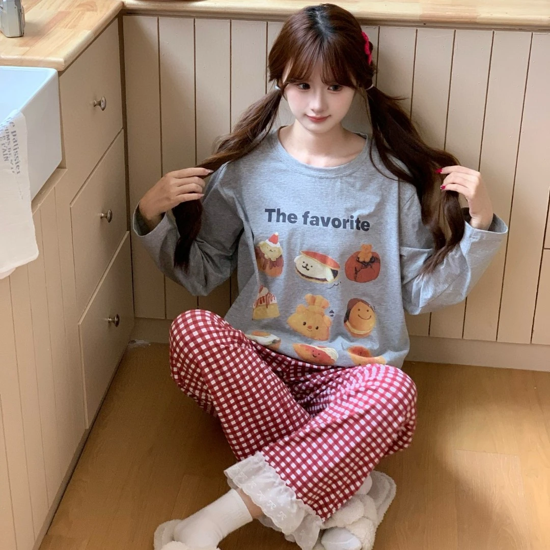 F-B6672卡通女士睡衣春秋季格子睡裤可爱可外穿家居服套装