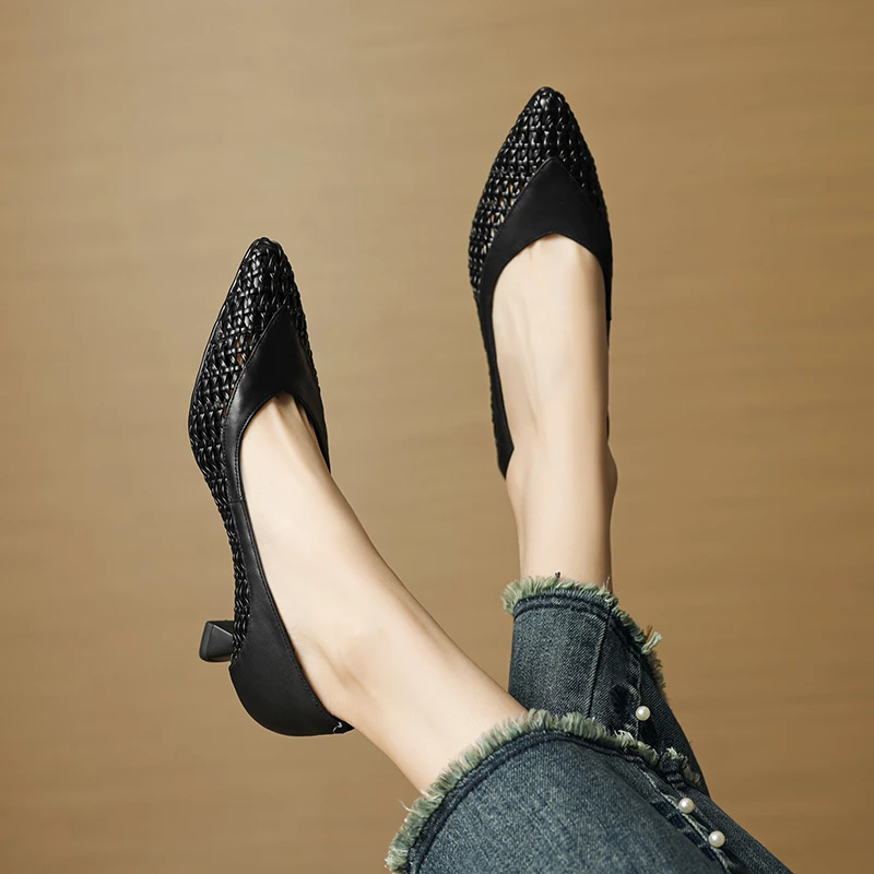 牛皮+编织 5CM 春夏新款尖头中跟舒适气质酒杯跟舒适浅口缕空单鞋