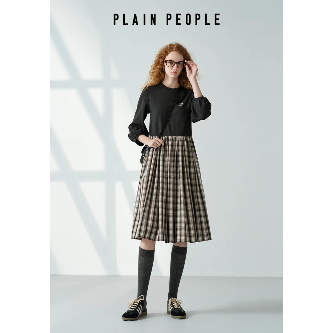 PLAIN PEOPLE复古学院风格纹长袖撞色高腰A字连衣裙女25秋季款