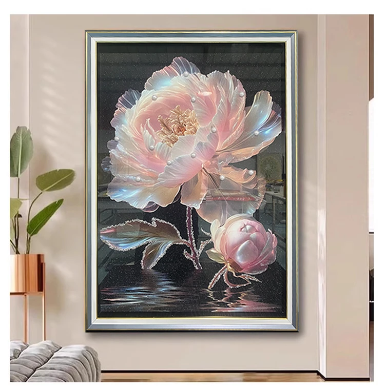 光影牡丹实物鎏金钢化玻璃装裱餐厅卧室装饰画