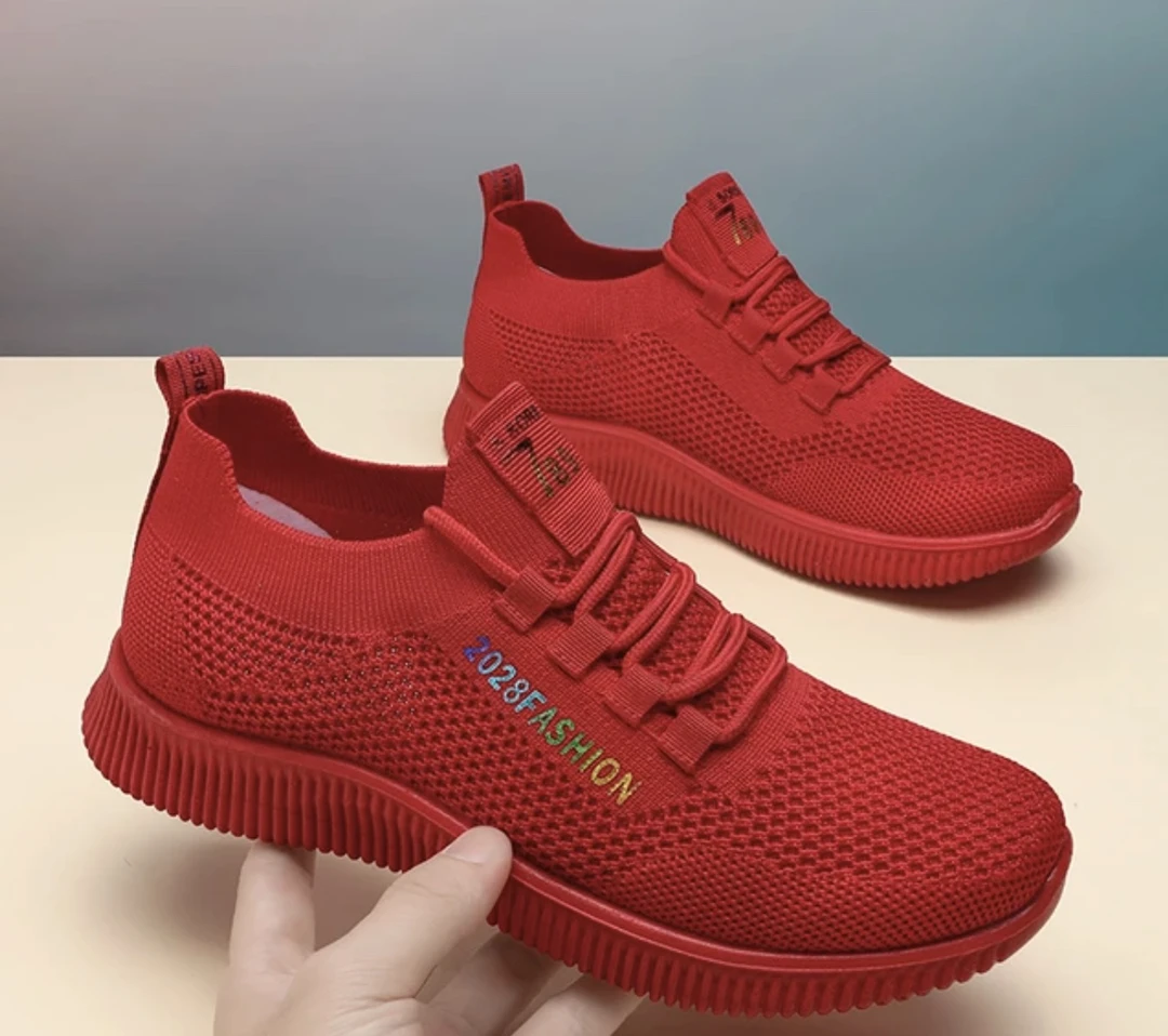红色休闲绑带透气系带网状单鞋网面飞织百搭软底鞋子跑步
