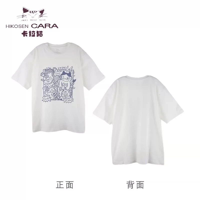 HIKOSEN CARA卡拉猫猫咪夏季宽松短袖T恤女猫猫印花可爱日系上衣