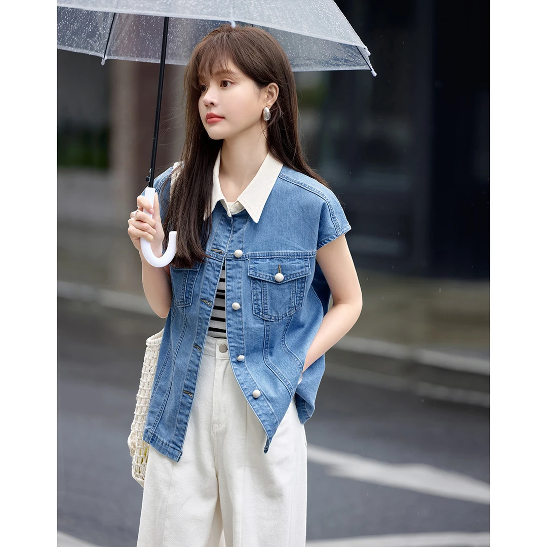 沫晗依美假两件无袖牛仔马甲2025夏季时尚拼接撞色短袖26333