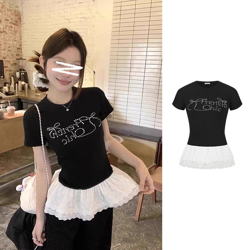 Moses Queen/魔西女王蕾丝拼接下摆短袖T恤女设计感字母烫钻上衣