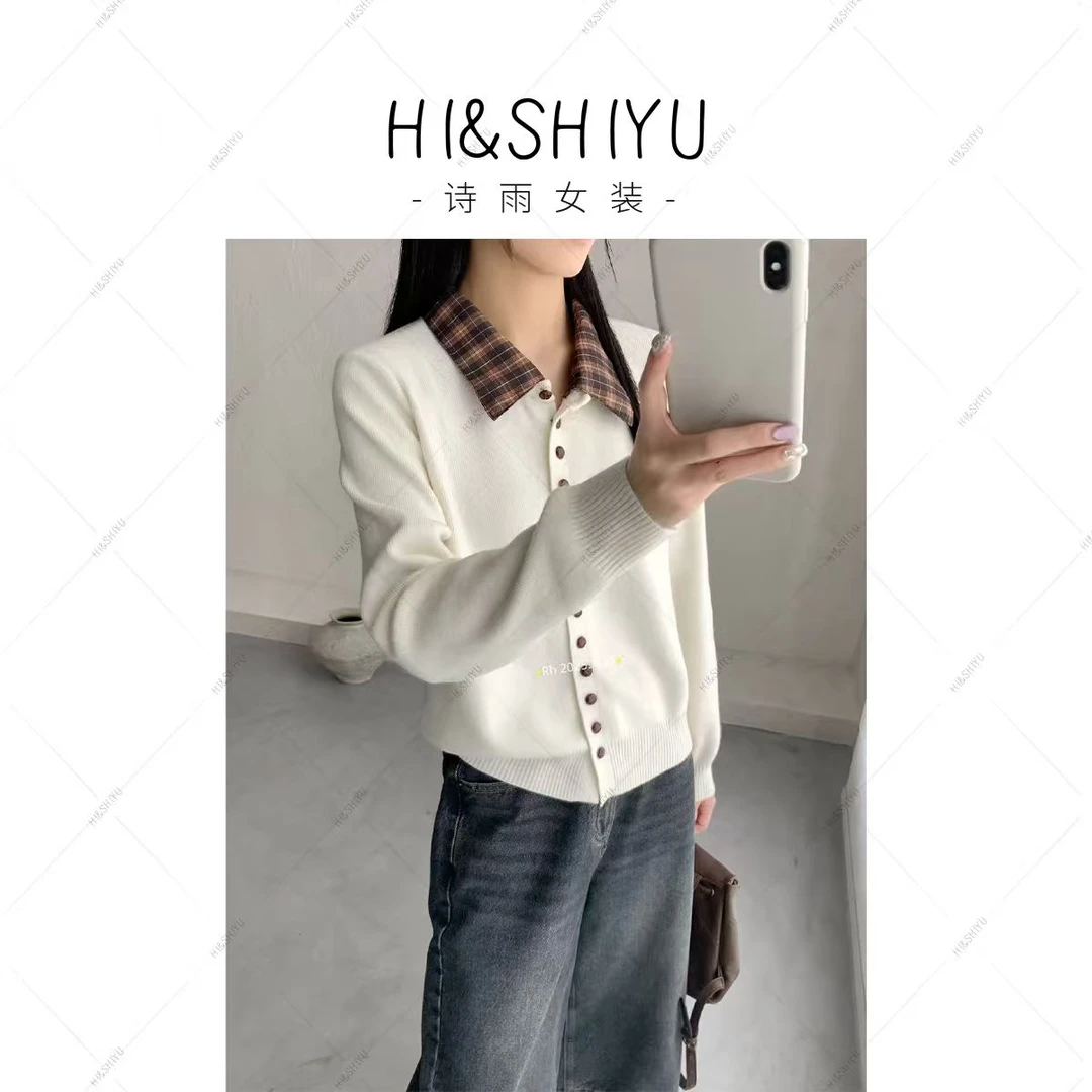 HISHIYU【简系格纹】格子拼接POLO领假两件针织开衫