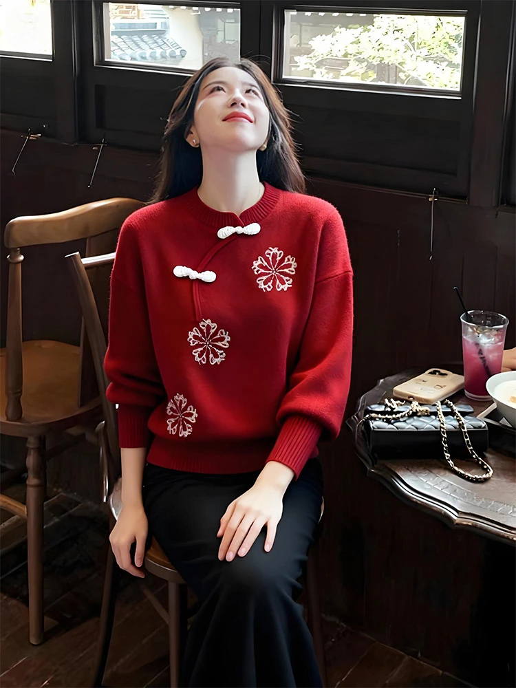 国风新中式女装独特开衫女圣诞红色毛衣女款爆款2025新款新年战袍