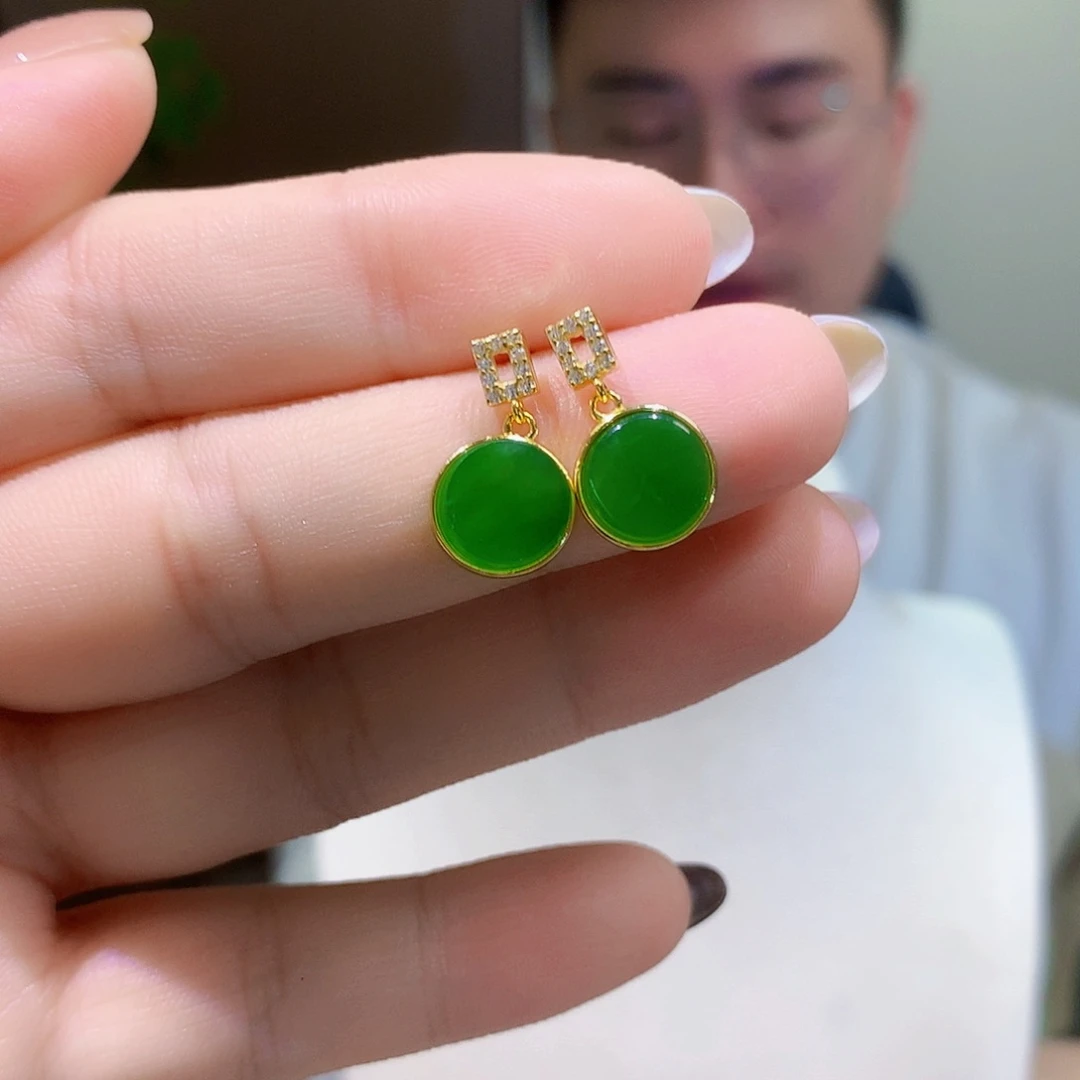 银S925镀金镶嵌和田玉（碧玉）耳饰