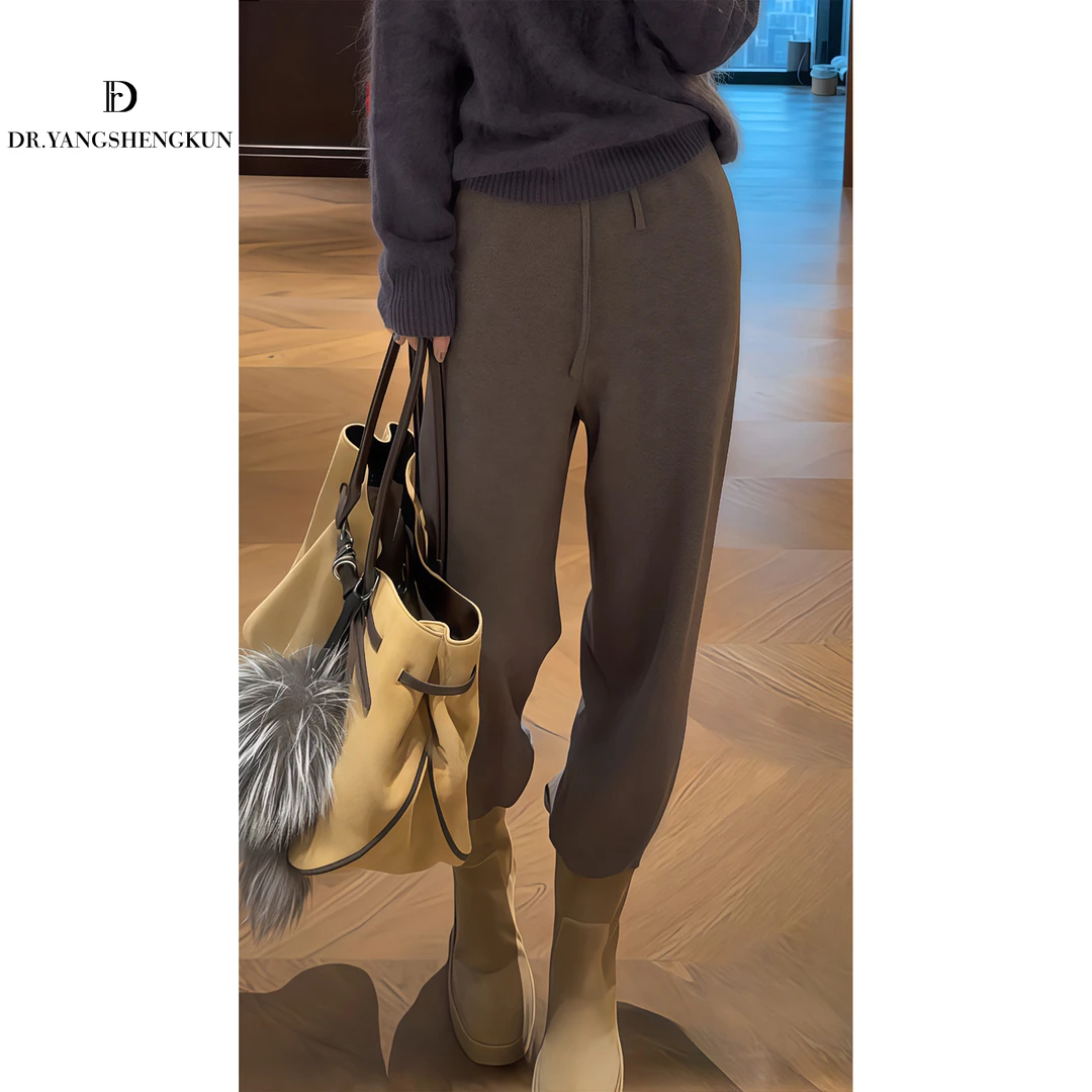 杨圣坤2025新品美丽诺羊毛混纺抽绳松紧腰束脚休闲裤S82592343
