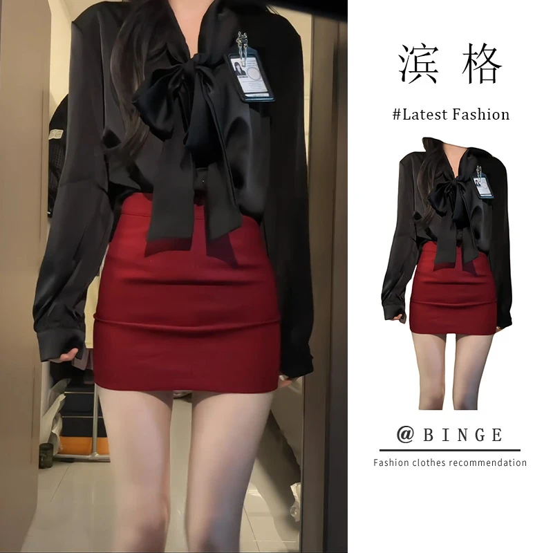 美式纯欲风辣妹套装女2025春季高级感黑色衬衫修身包臀短裙两件套